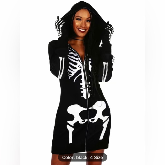 NEW Skeleton Sweatshirt Dress. Fitted Long Sleeves Black/White S,M,L - Picture 3 of 11